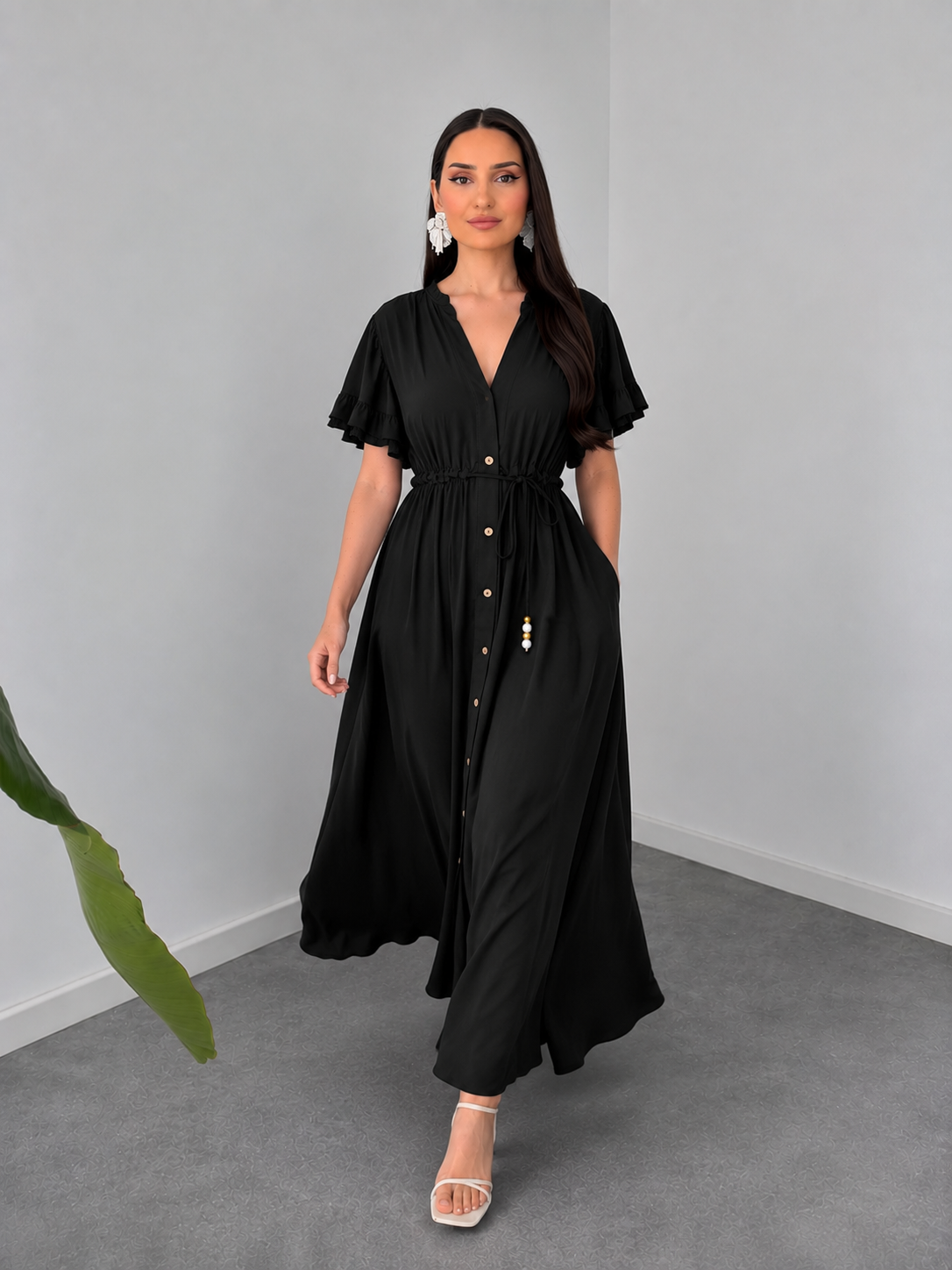 Black Button-Down Maxi Dress with Drawstring Waist By Belleci
