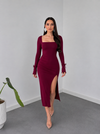 Ruched Square Neck Midi Dress in Deep Berry by Belleci image 3