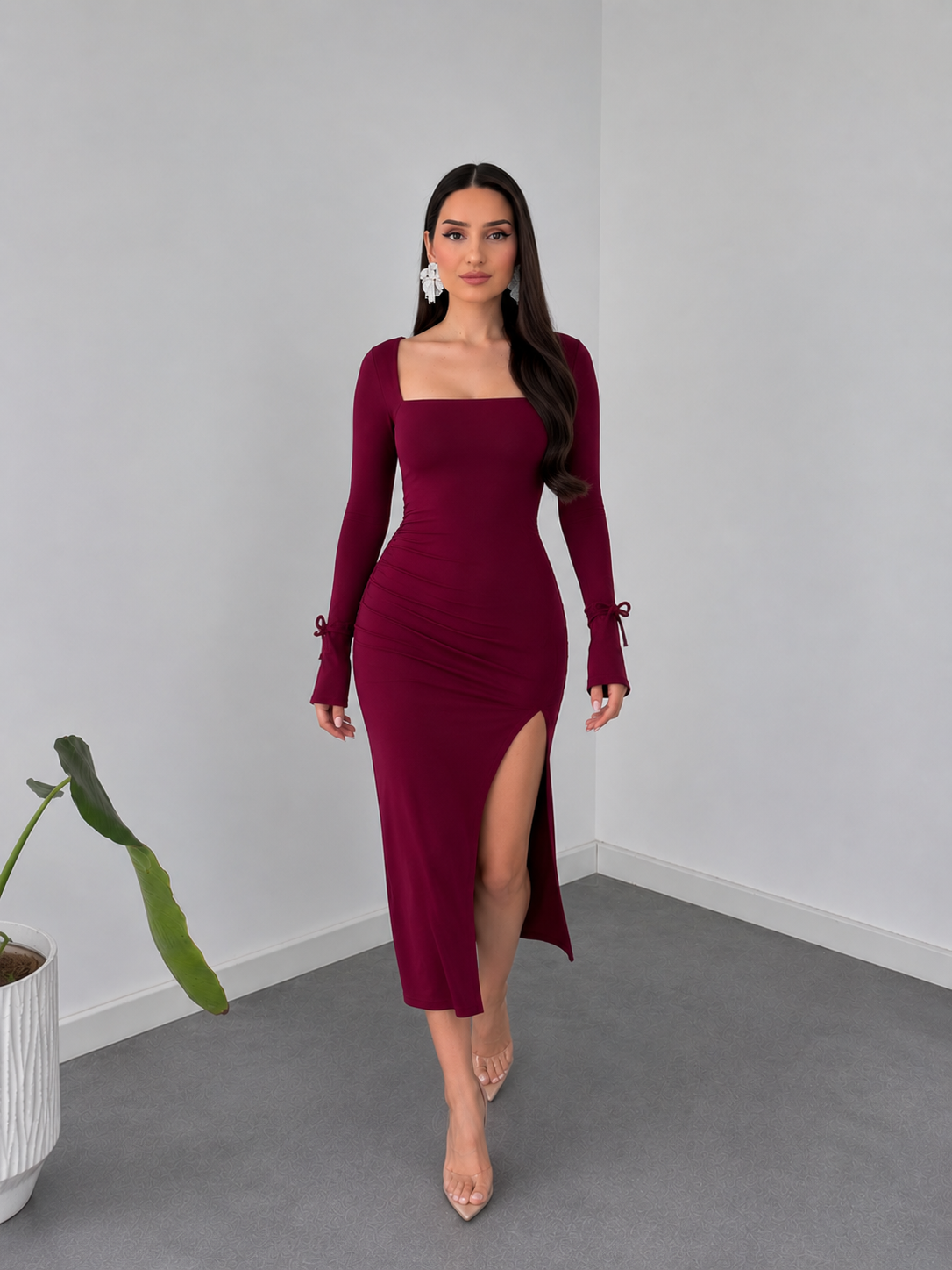 Ruched Square Neck Midi Dress in Deep Berry by Belleci