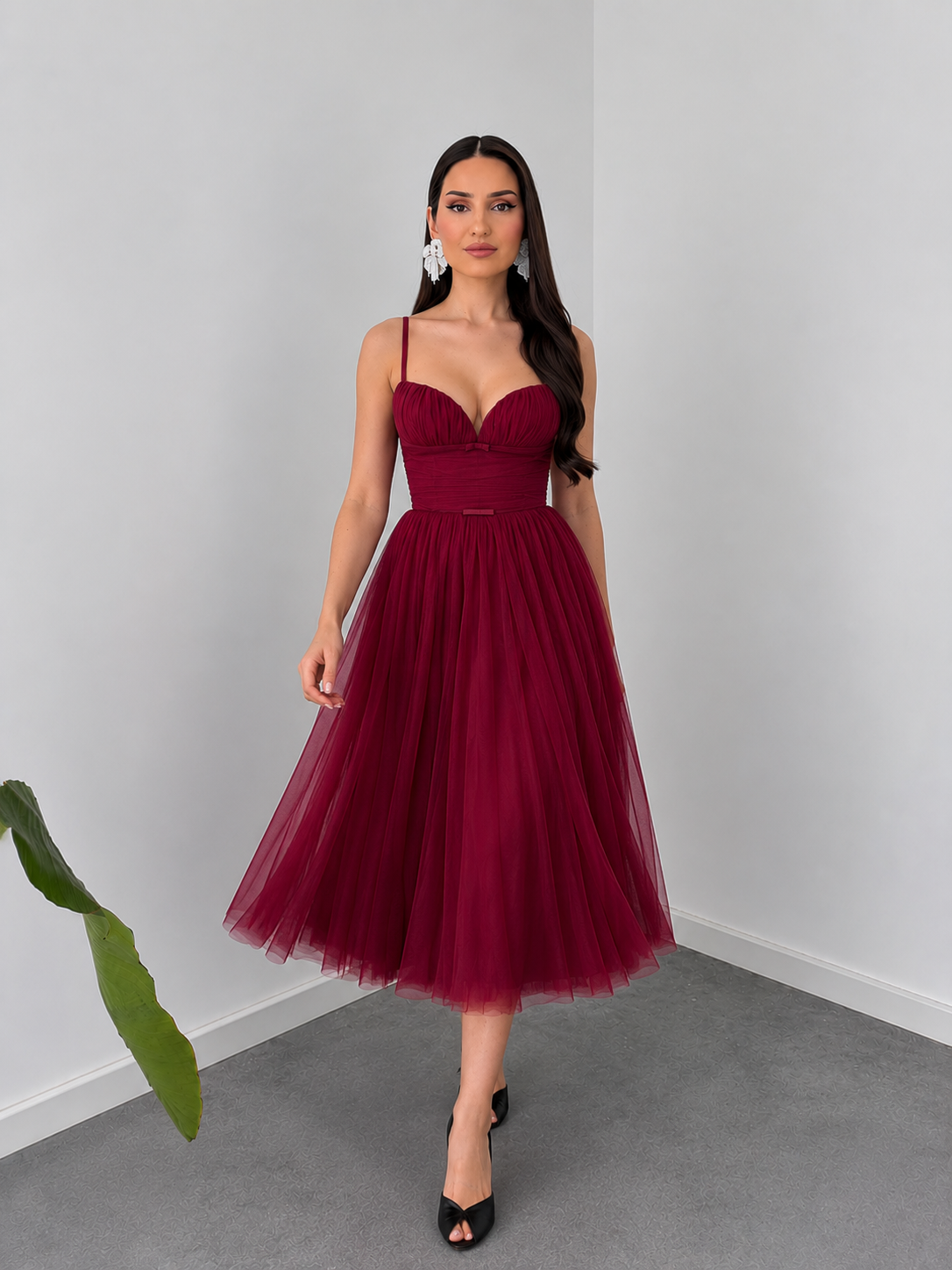 Wine Elegance Tulle Midi Dress by Belleci