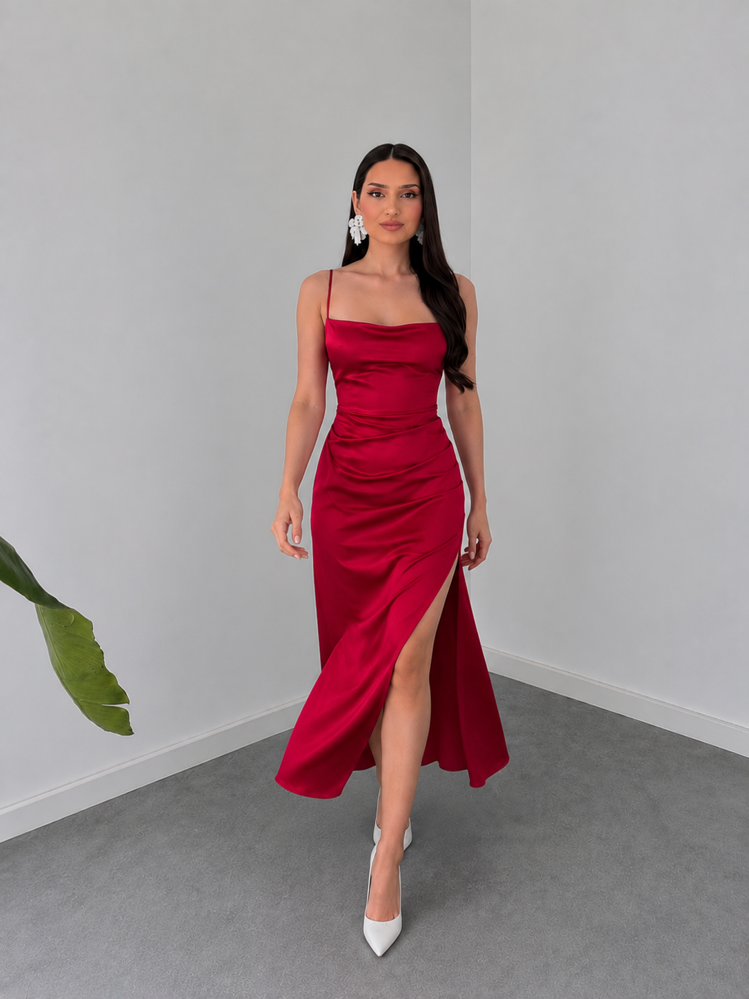 Crimson Allure Satin Bodycon Midi Dress by Belleci