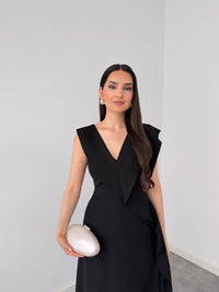 Elegant Black Ruffle Maxi Dress for Women | Sleeveless V-Neck Evening & Party Gown image 2