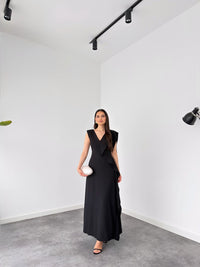 Elegant Black Ruffle Maxi Dress for Women | Sleeveless V-Neck Evening & Party Gown image 5