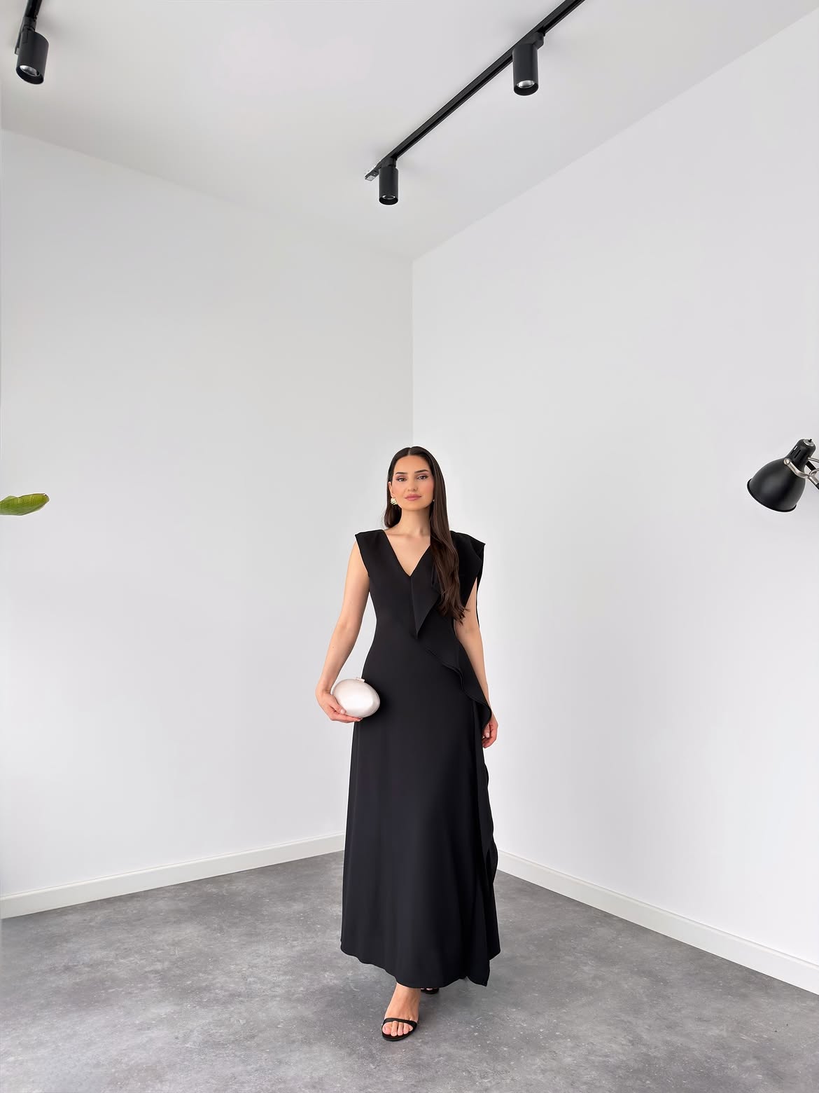 Elegant Black Ruffle Maxi Dress for Women | Sleeveless V-Neck Evening & Party Gown