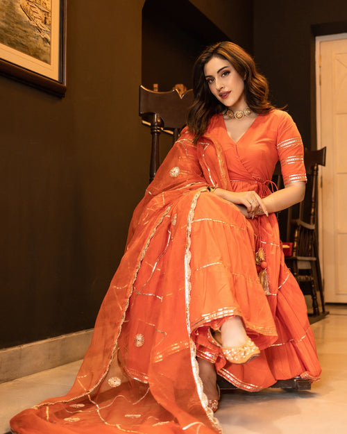 Belleci Tangerine Orange Tiered Anarkali Kurta Set with Gota Patti Detailing & Sheer Dupatta