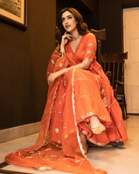 Belleci Tangerine Orange Tiered Anarkali Kurta Set with Gota Patti Detailing & Sheer Dupatta image 2