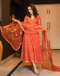Belleci Tangerine Orange Tiered Anarkali Kurta Set with Gota Patti Detailing & Sheer Dupatta image 3