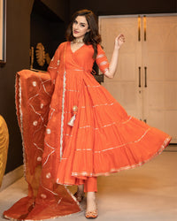 Belleci Tangerine Orange Tiered Anarkali Kurta Set with Gota Patti Detailing & Sheer Dupatta image 4