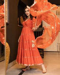 Belleci Tangerine Orange Tiered Anarkali Kurta Set with Gota Patti Detailing & Sheer Dupatta image 5