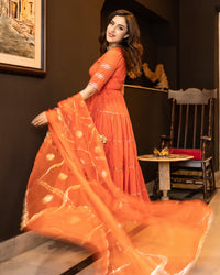 Belleci Tangerine Orange Tiered Anarkali Kurta Set with Gota Patti Detailing & Sheer Dupatta image 6