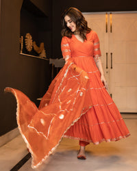 Belleci Tangerine Orange Tiered Anarkali Kurta Set with Gota Patti Detailing & Sheer Dupatta image 7