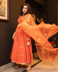 Belleci Tangerine Orange Tiered Anarkali Kurta Set with Gota Patti Detailing & Sheer Dupatta image 8