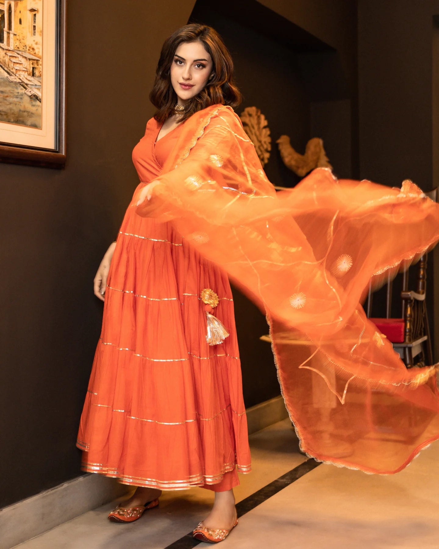 Belleci Tangerine Orange Tiered Anarkali Kurta Set with Gota Patti Detailing & Sheer Dupatta