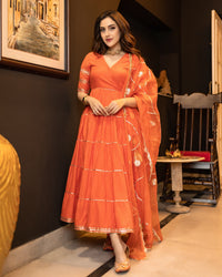 Belleci Tangerine Orange Tiered Anarkali Kurta Set with Gota Patti Detailing & Sheer Dupatta image 9