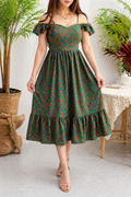 Belleci Emerald Bloom Midi Dress – Floral Off-Shoulder Ruffle Dress