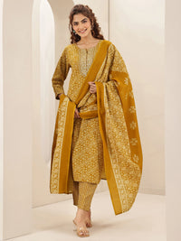 Belleci Mustard Yellow Geometric Print Kurta Set with Embroidered Yoke & Dupatta image 1