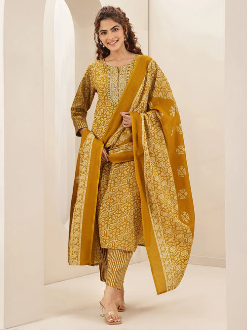 Belleci Mustard Yellow Geometric Print Kurta Set with Embroidered Yoke & Dupatta