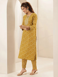 Belleci Mustard Yellow Geometric Print Kurta Set with Embroidered Yoke & Dupatta image 2
