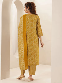 Belleci Mustard Yellow Geometric Print Kurta Set with Embroidered Yoke & Dupatta image 3