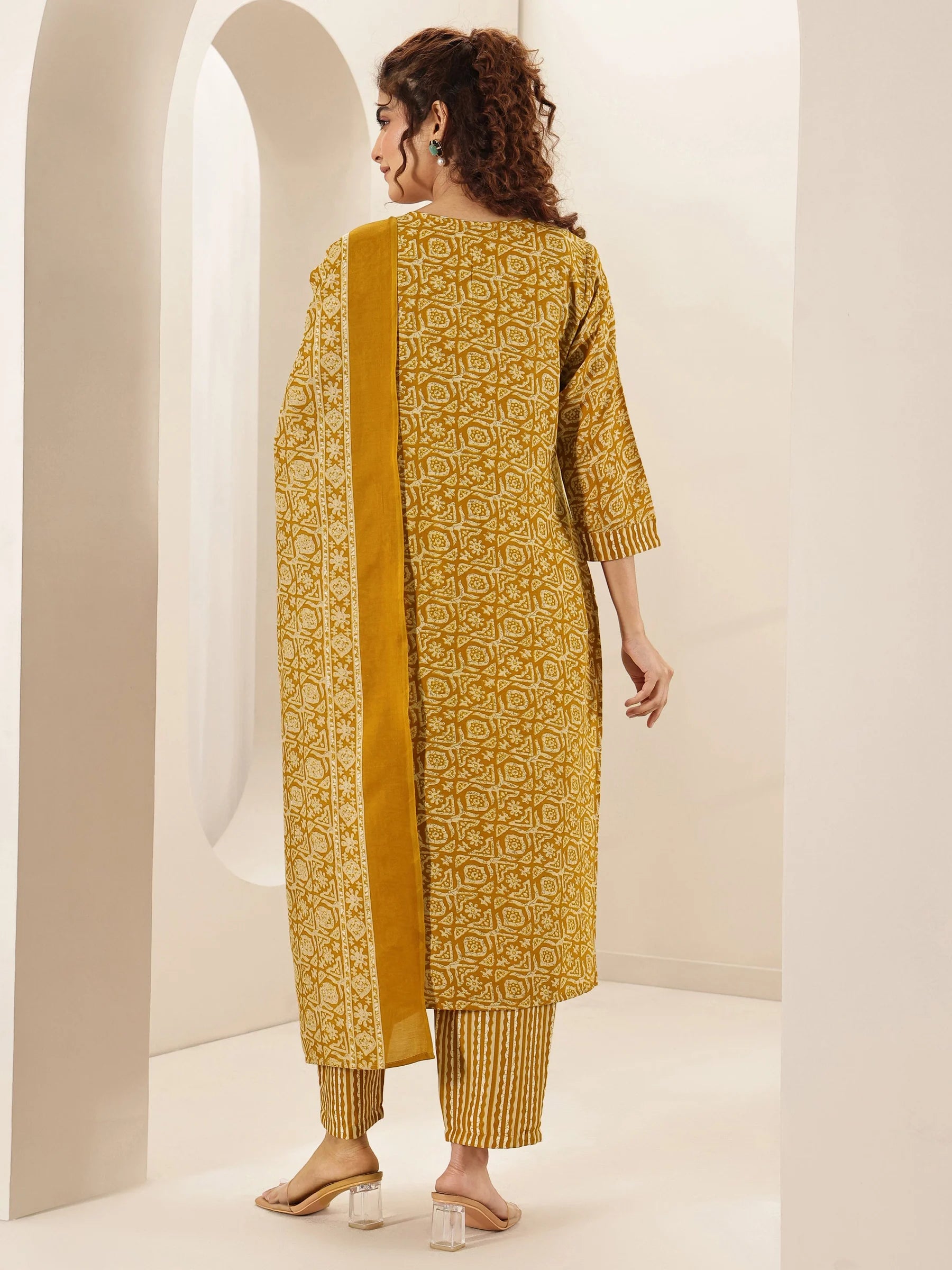 Belleci Mustard Yellow Geometric Print Kurta Set with Embroidered Yoke & Dupatta