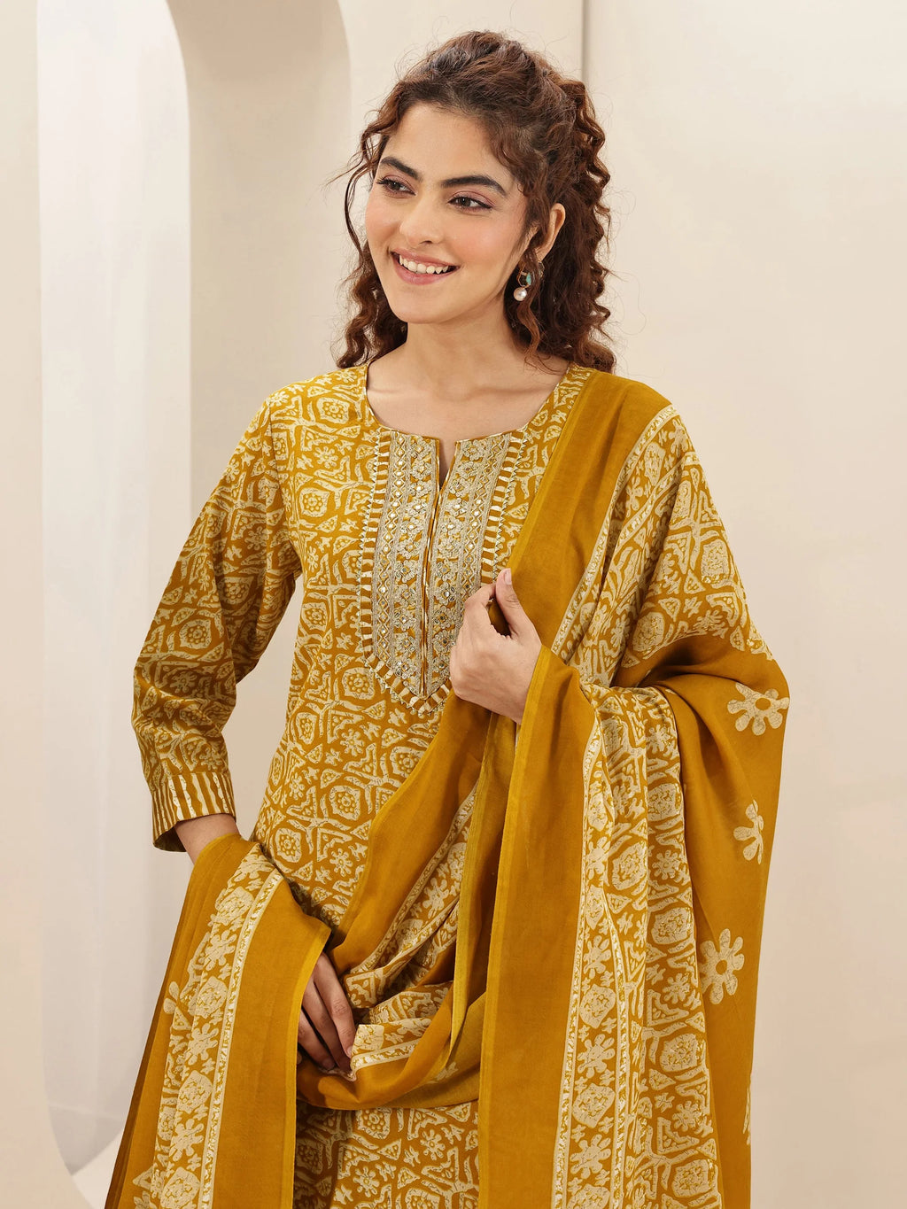 Belleci Mustard Yellow Geometric Print Kurta Set with Embroidered Yoke & Dupatta