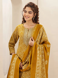 Belleci Mustard Yellow Geometric Print Kurta Set with Embroidered Yoke & Dupatta image 4