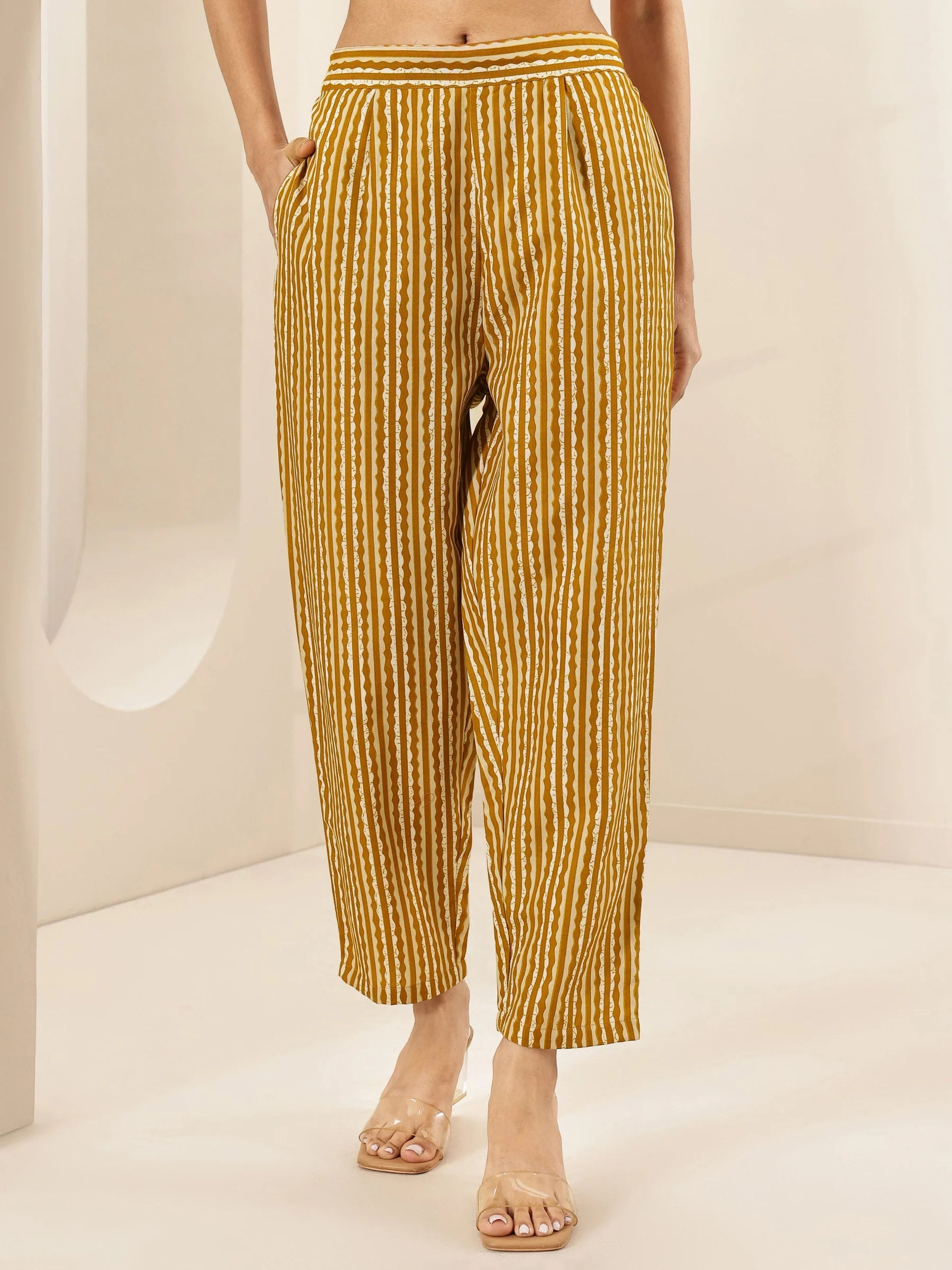 Belleci Mustard Yellow Geometric Print Kurta Set with Embroidered Yoke & Dupatta