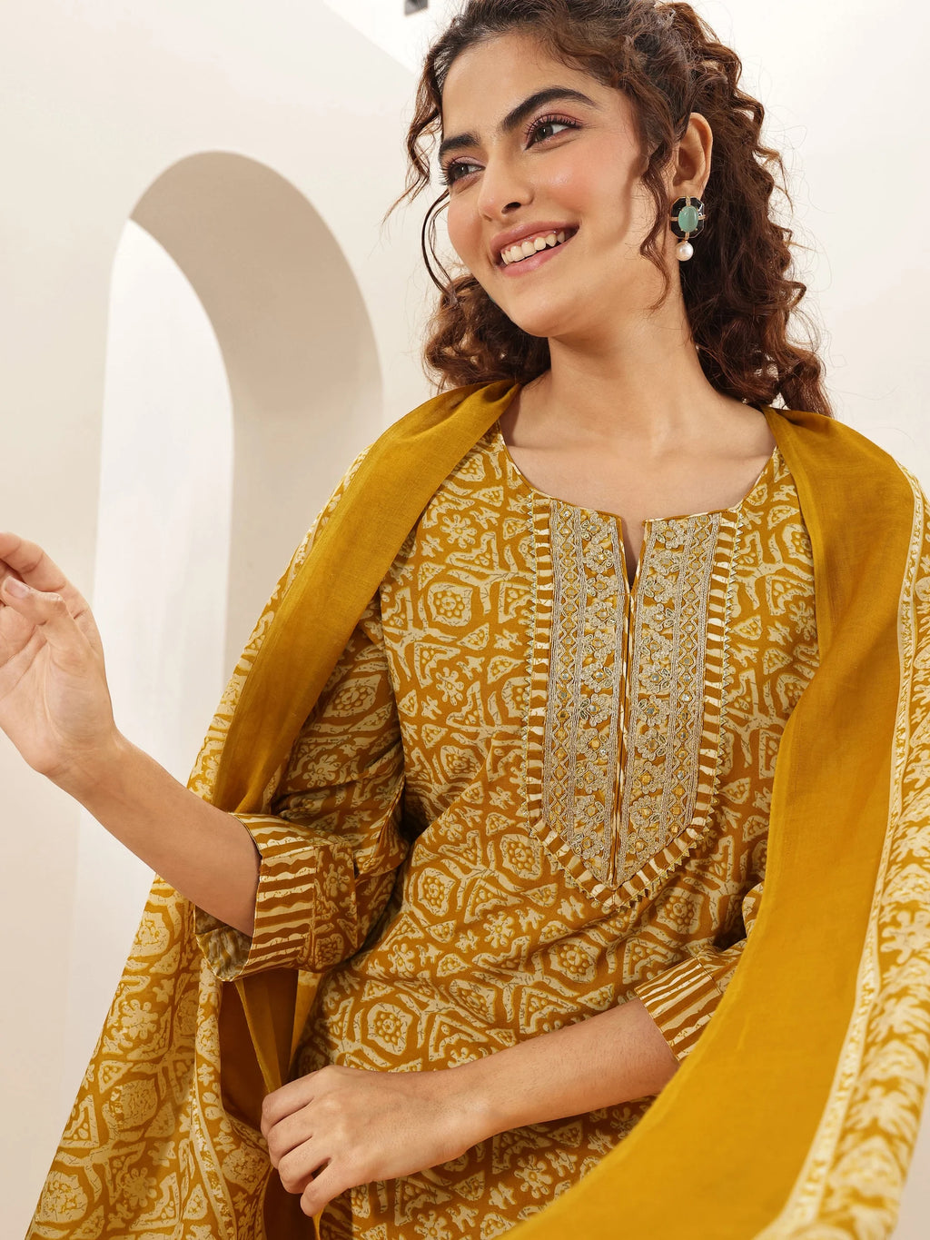 Belleci Mustard Yellow Geometric Print Kurta Set with Embroidered Yoke & Dupatta
