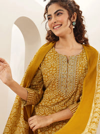 Belleci Mustard Yellow Geometric Print Kurta Set with Embroidered Yoke & Dupatta image 7