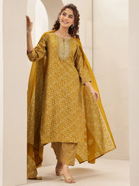 Belleci Mustard Yellow Geometric Print Kurta Set with Embroidered Yoke & Dupatta image 9