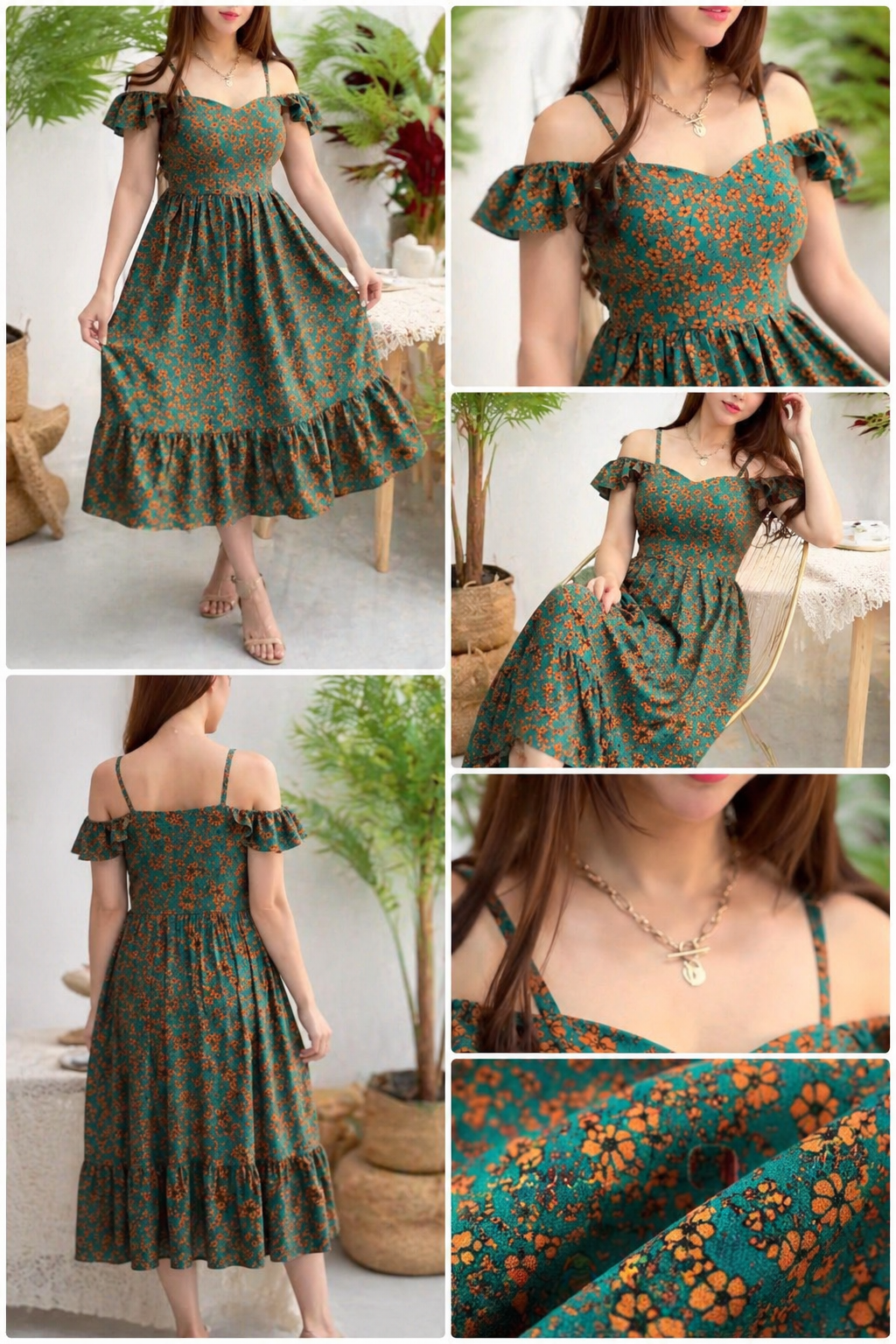 Belleci Emerald Bloom Midi Dress – Floral Off-Shoulder Ruffle Dress