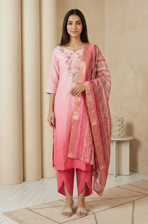 Belleci Pink Ombre Floral Embroidered Kurta Set