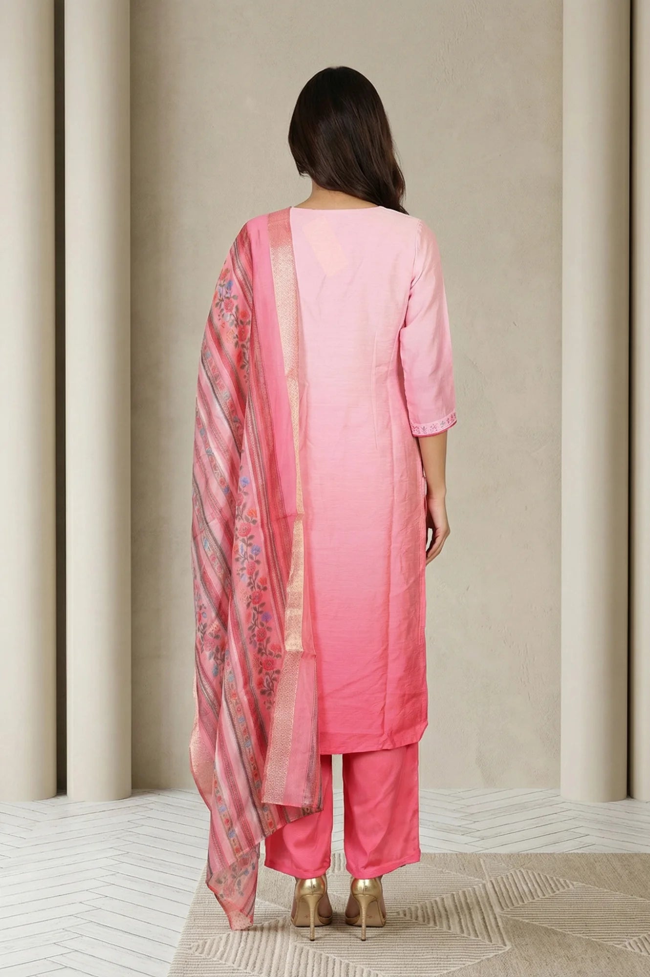 Belleci Pink Ombre Floral Embroidered Kurta Set