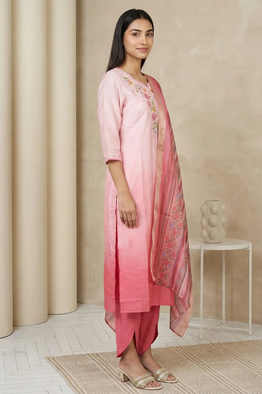 Belleci Pink Ombre Floral Embroidered Kurta Set