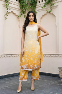 Belleci Sunset Yellow Ombre Floral Sleeveless Kurta Set with Dupatta image 1