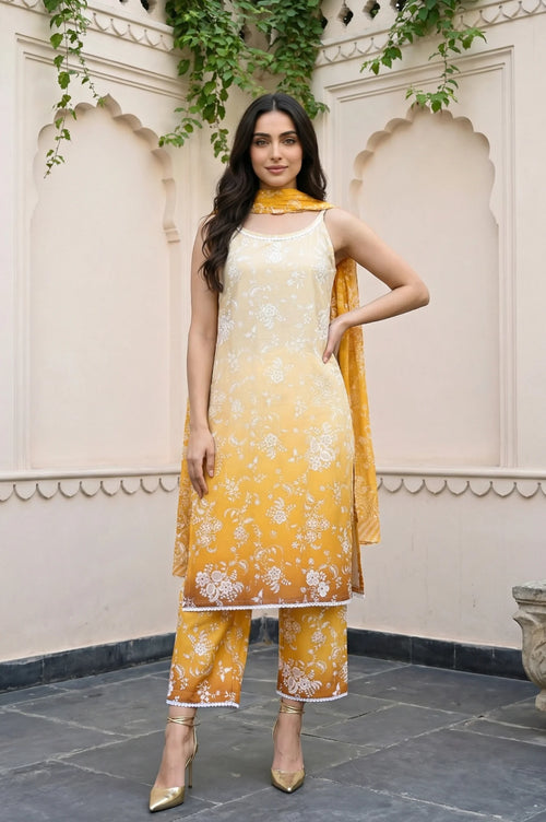 Belleci Sunset Yellow Ombre Floral Sleeveless Kurta Set with Dupatta
