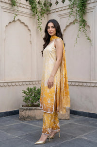Belleci Sunset Yellow Ombre Floral Sleeveless Kurta Set with Dupatta image 3