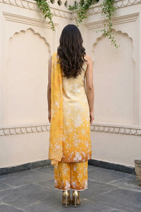 Belleci Sunset Yellow Ombre Floral Sleeveless Kurta Set with Dupatta image 4