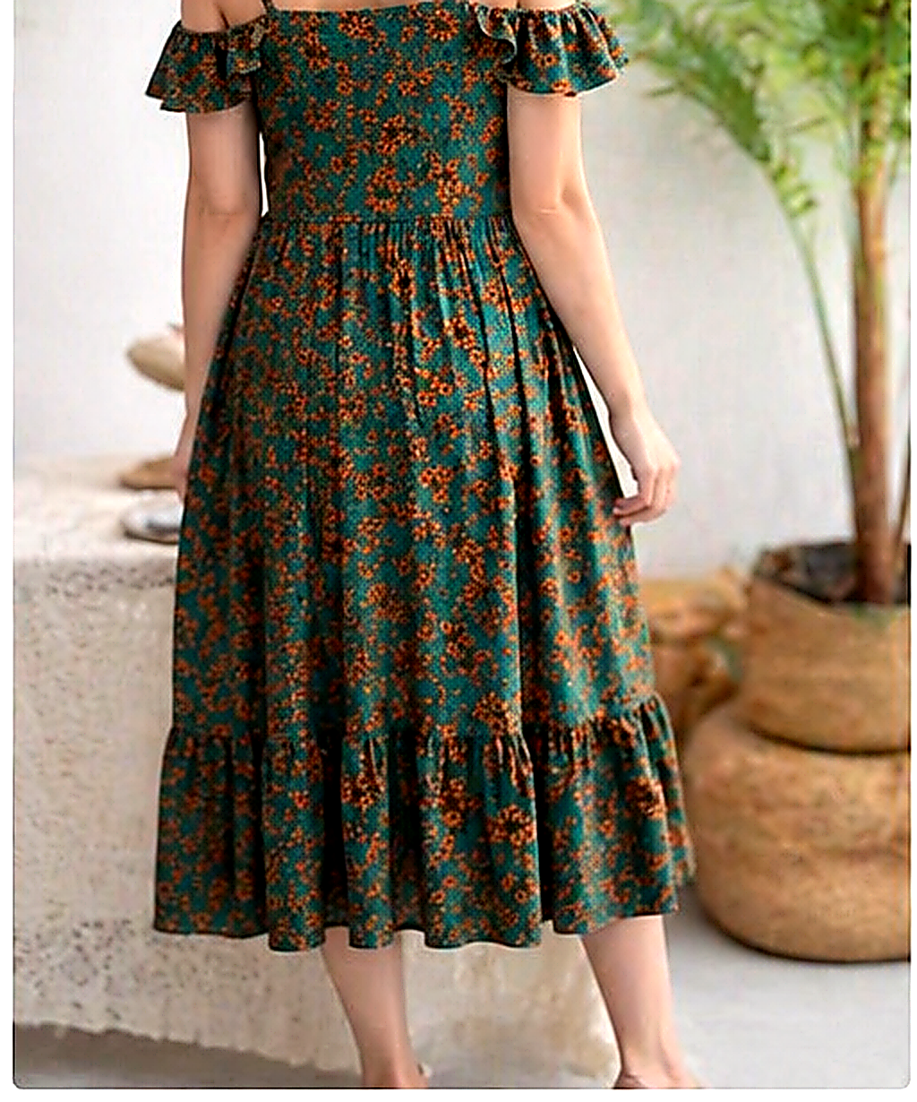 Belleci Emerald Bloom Midi Dress – Floral Off-Shoulder Ruffle Dress