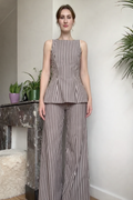 Belleci Mocha & Ivory Striped Co-Ord Set – Structured Peplum Top & Wide-Leg Trousers