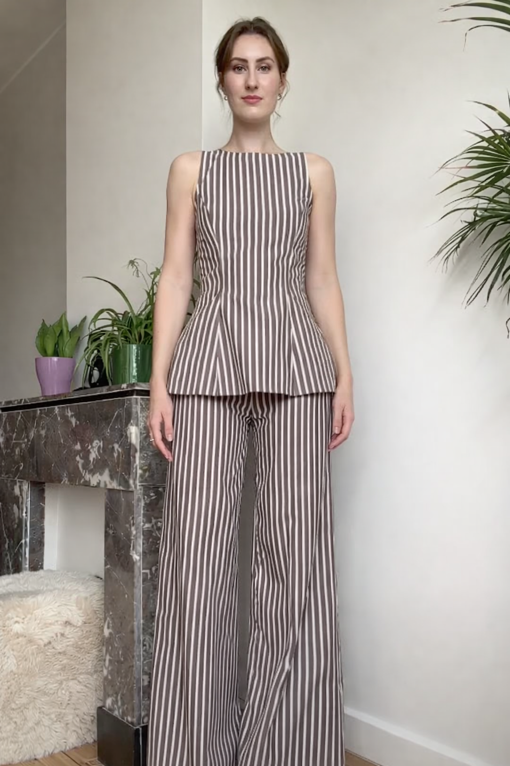 Belleci Mocha & Ivory Striped Co-Ord Set – Structured Peplum Top & Wide-Leg Trousers