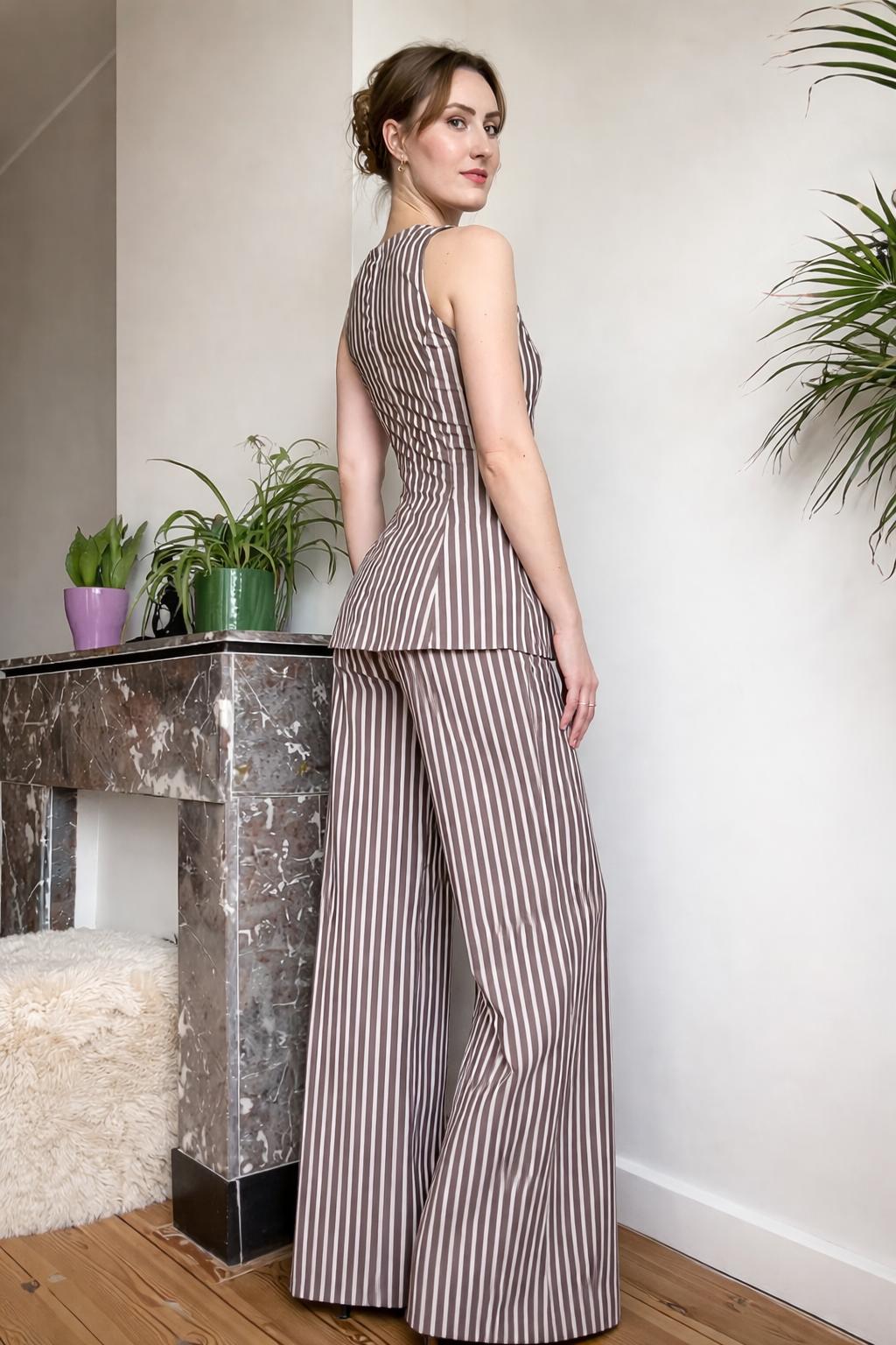 Belleci Mocha & Ivory Striped Co-Ord Set – Structured Peplum Top & Wide-Leg Trousers