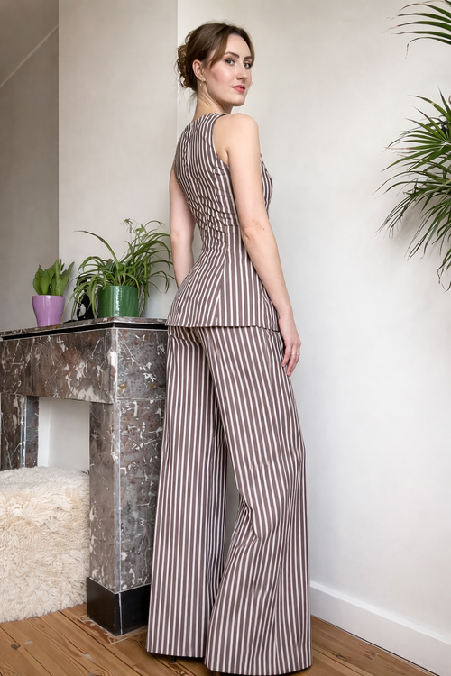 Belleci Mocha & Ivory Striped Co-Ord Set – Structured Peplum Top & Wide-Leg Trousers