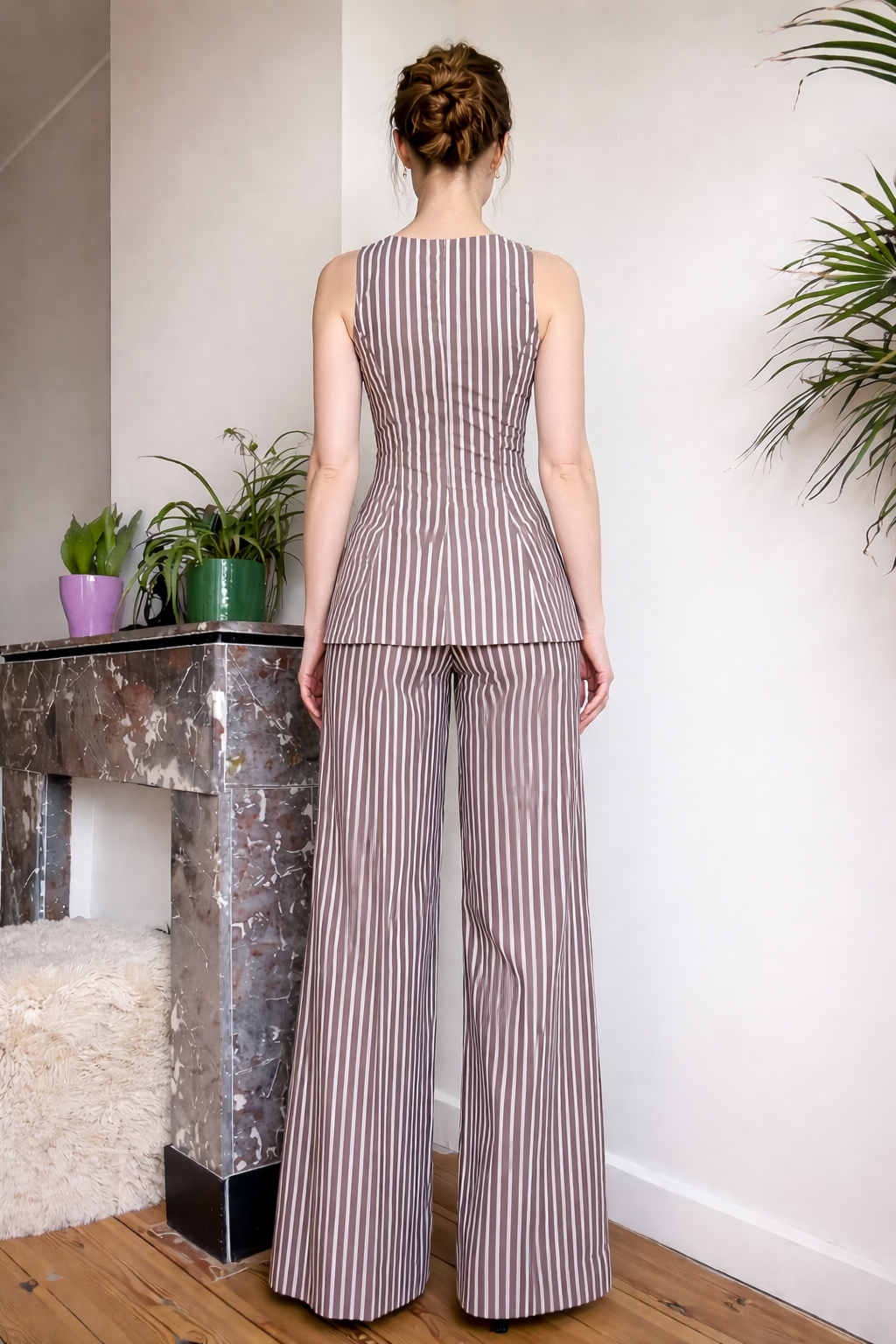 Belleci Mocha & Ivory Striped Co-Ord Set – Structured Peplum Top & Wide-Leg Trousers