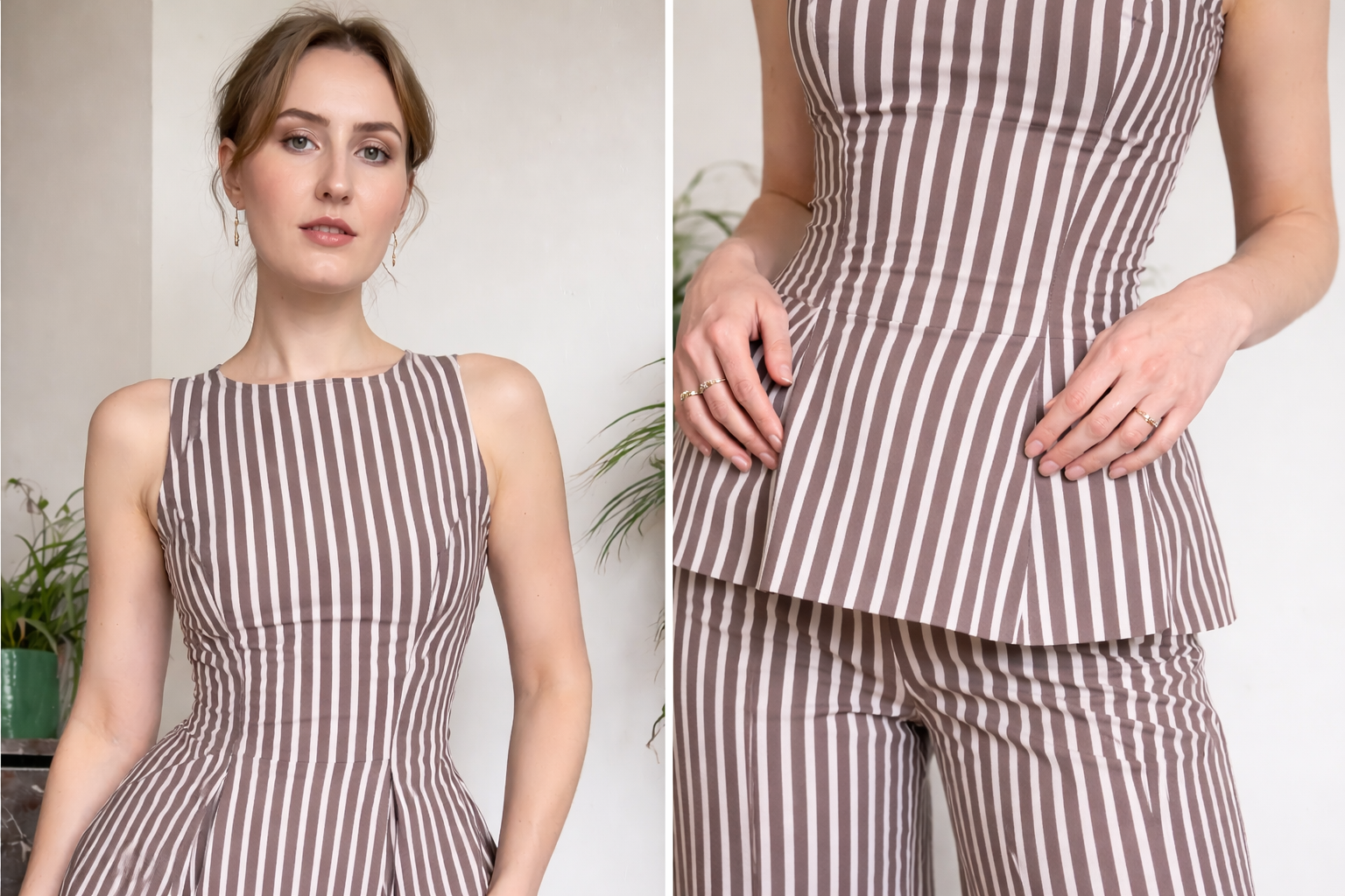 Belleci Mocha & Ivory Striped Co-Ord Set – Structured Peplum Top & Wide-Leg Trousers