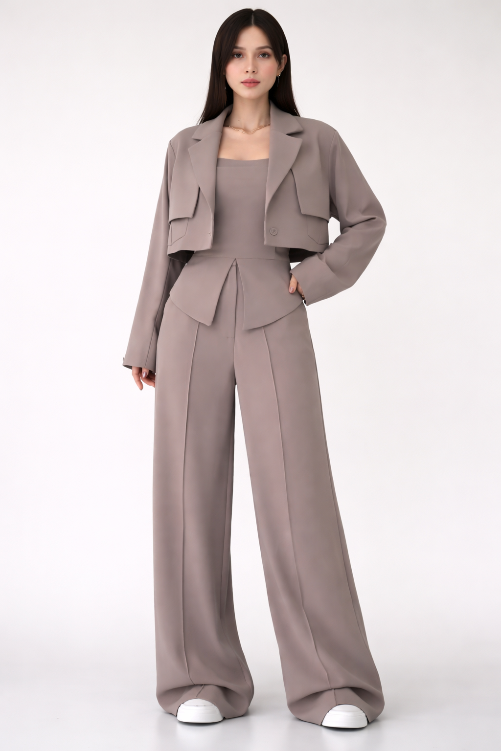 Taupe Structured Co-Ord Set – Cropped Blazer & Wide-Leg Trousers by Belleci