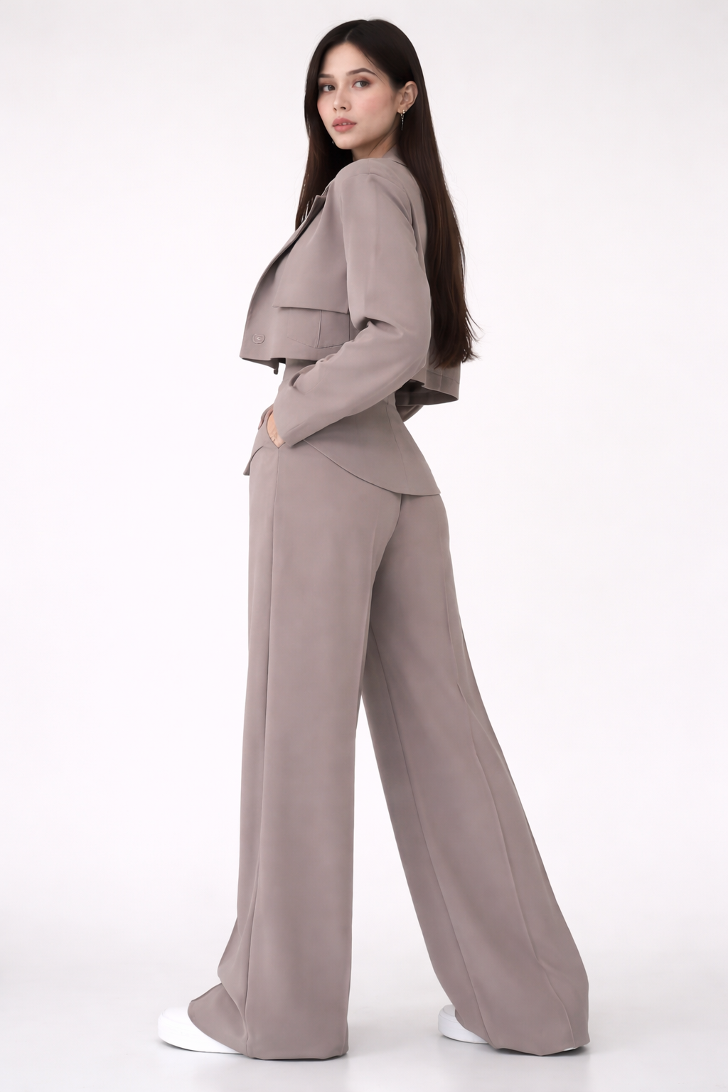 Taupe Structured Co-Ord Set – Cropped Blazer & Wide-Leg Trousers by Belleci
