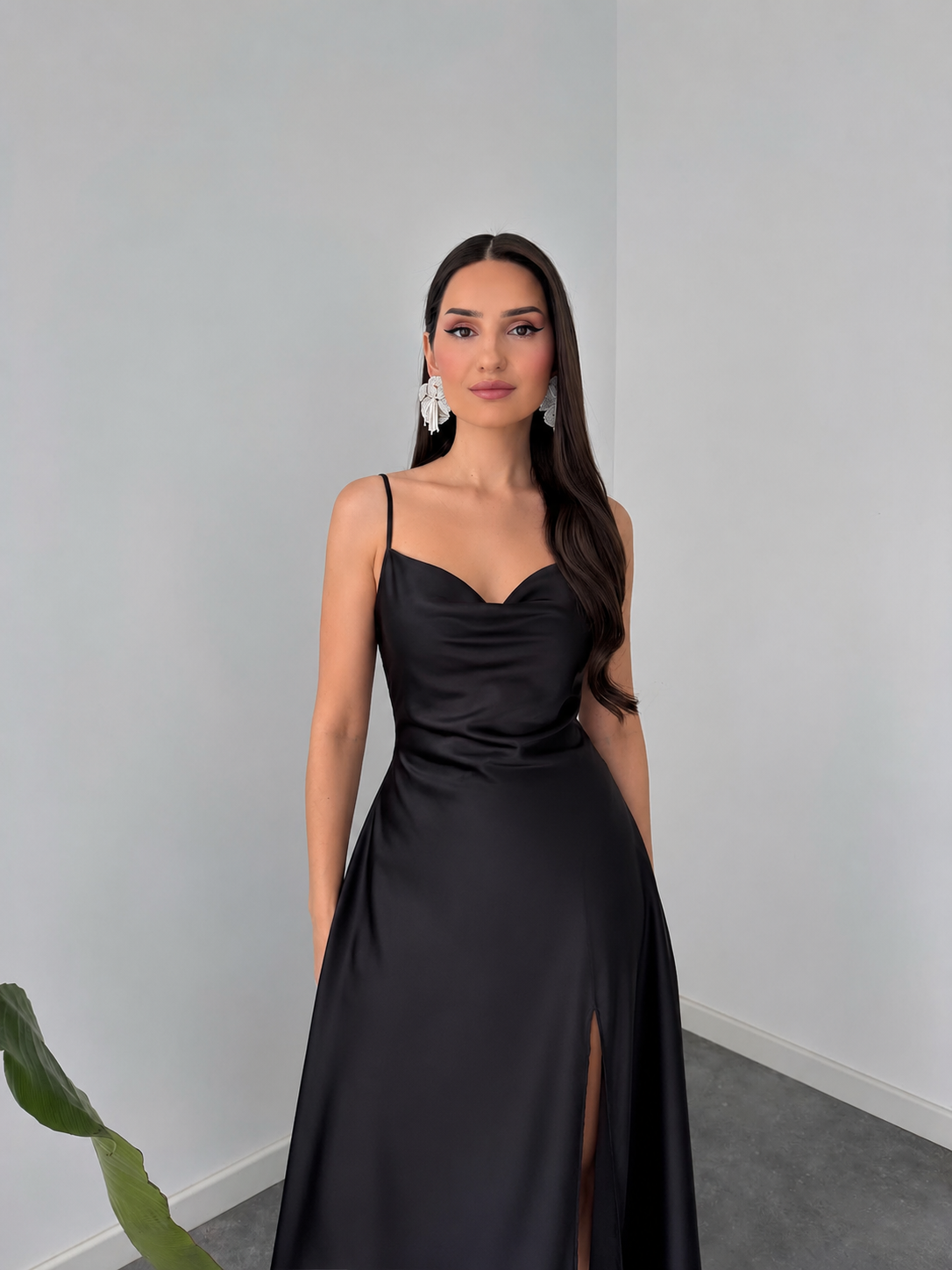 Noir Elegance Silk-Feel Satin Slip Dress by Belleci