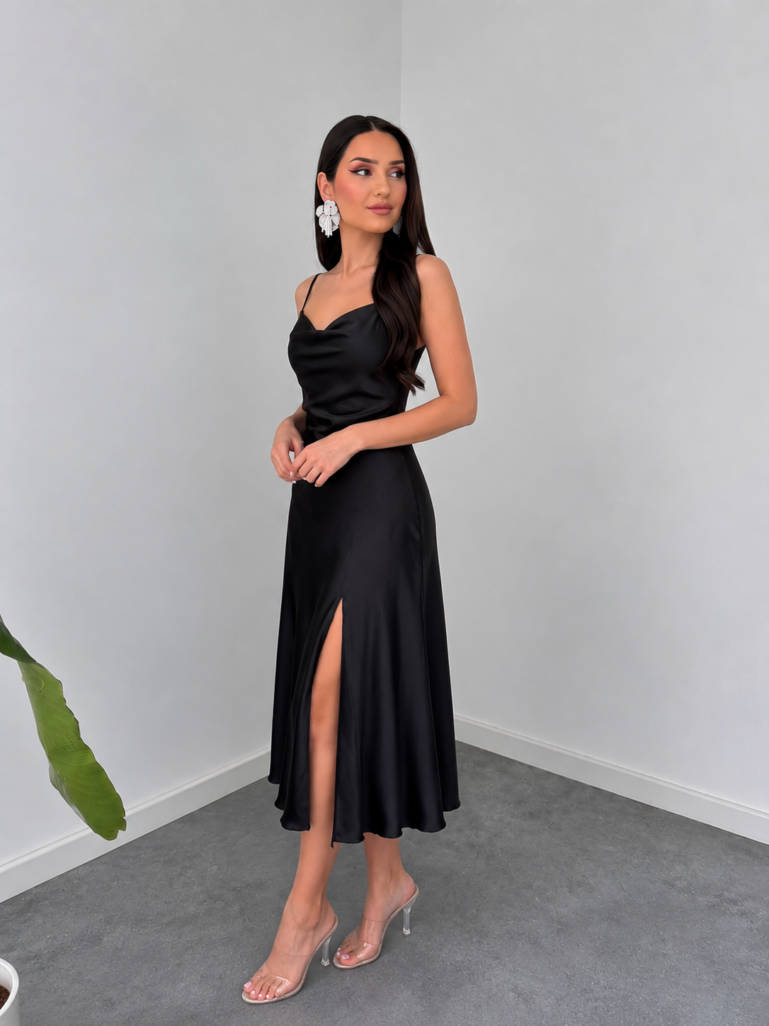Noir Elegance Silk-Feel Satin Slip Dress by Belleci