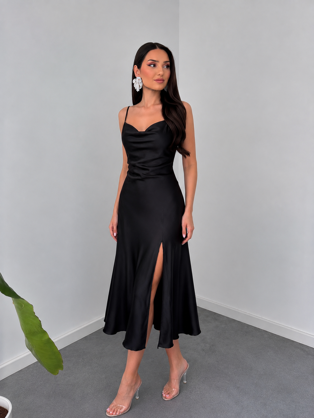 Noir Elegance Silk-Feel Satin Slip Dress by Belleci